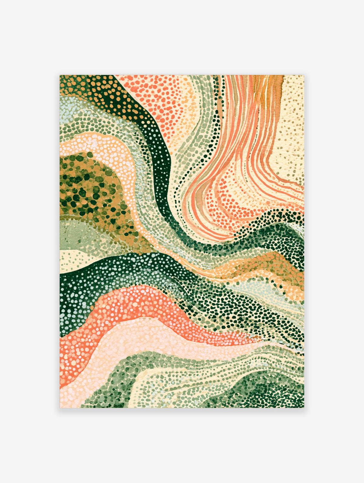 Abstract landscape art print with wavy dotted bands in green, coral, and cream