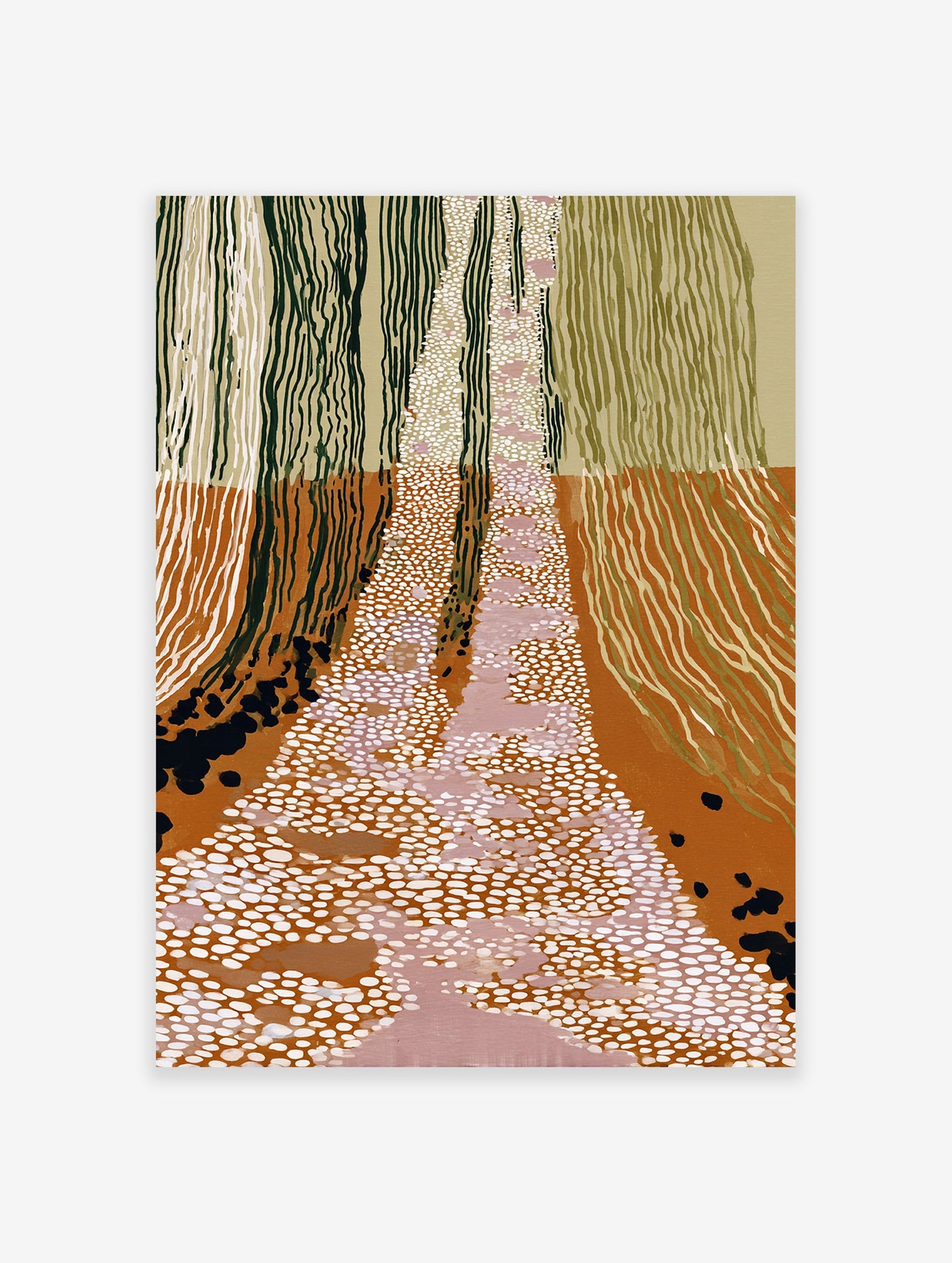 Abstract landscape wall art with vertical lines representing trees, a central path of white and pink dots, in earth tones.