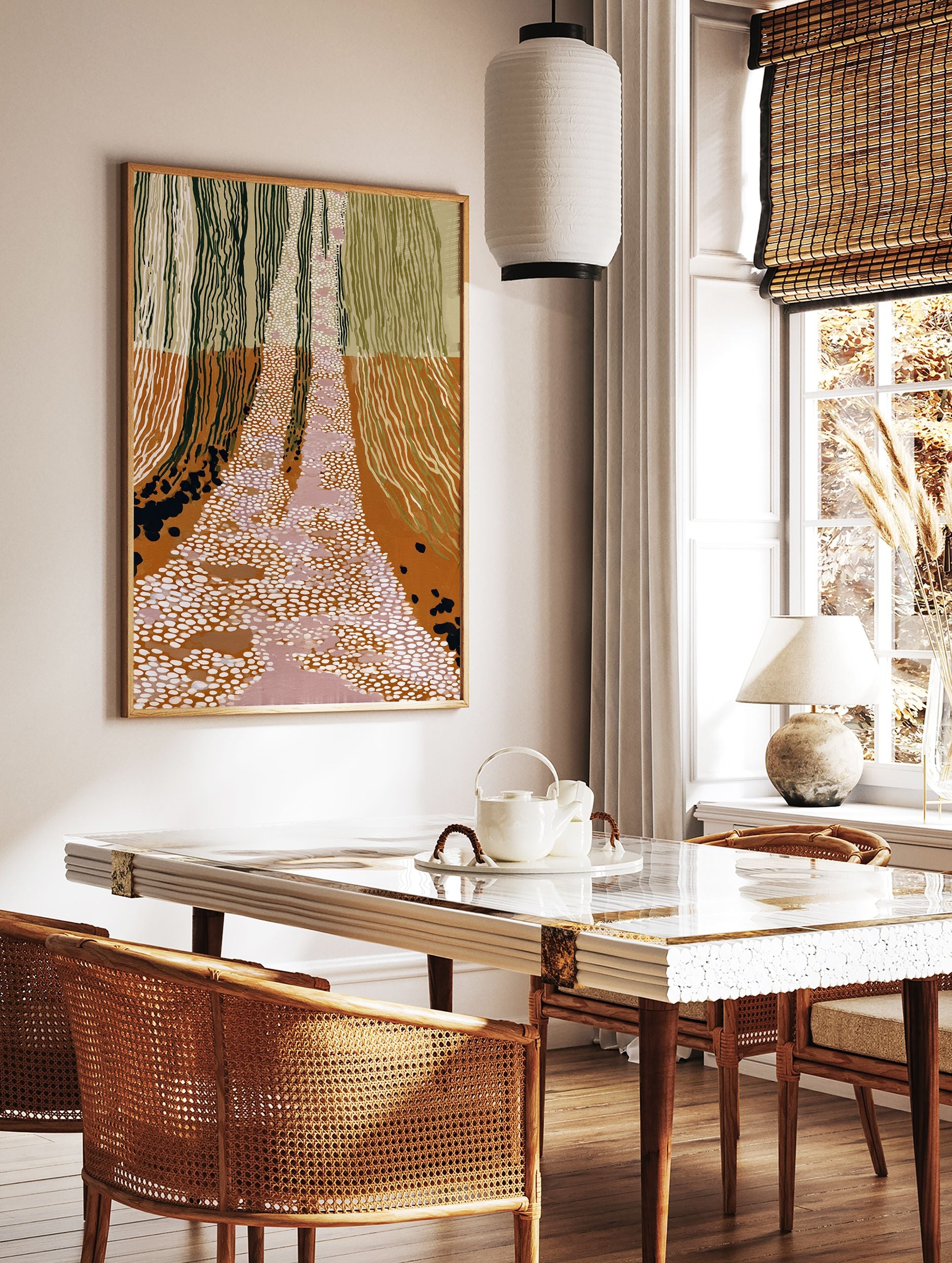 Abstract landscape wall art with vertical lines representing trees, a central path of white and pink dots, in earth tones. - Image 2