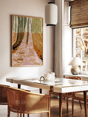 Abstract landscape wall art with vertical lines representing trees, a central path of white and pink dots, in earth tones. - Image 2