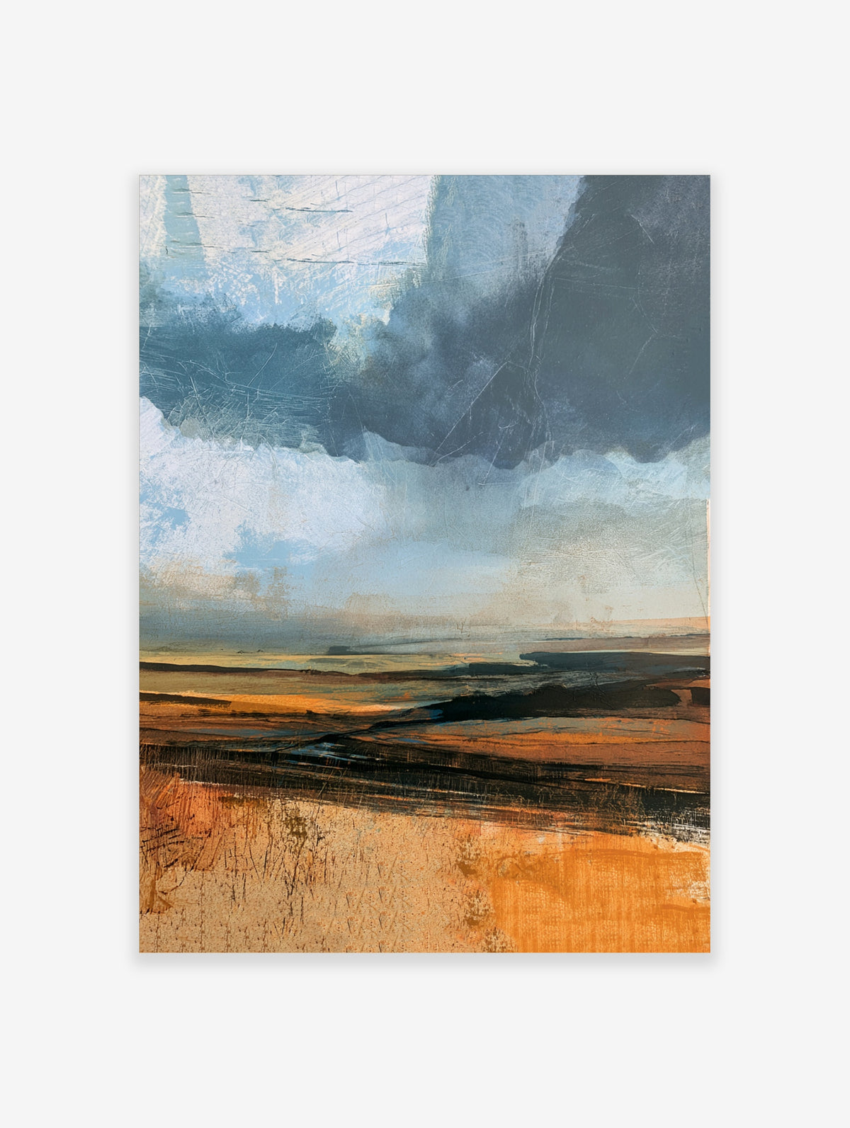 Abstract landscape art print featuring a dark moody sky over a textured orange and brown earth horizon