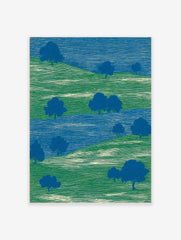Abstract landscape art print with green rolling hills, blue trees, and a blue river, featuring etched lines