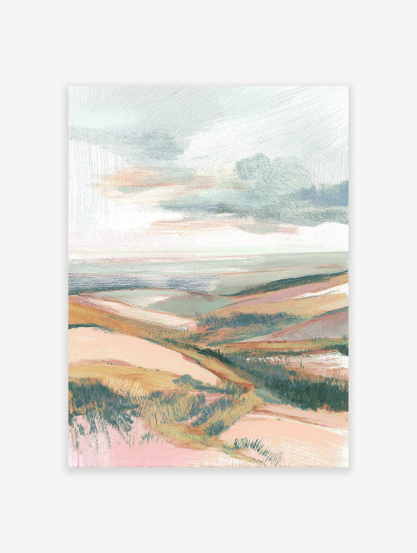 Abstract landscape painting featuring rolling hills and a distant sea under a cloudy sky, in muted pink, orange, green, and blue tones.