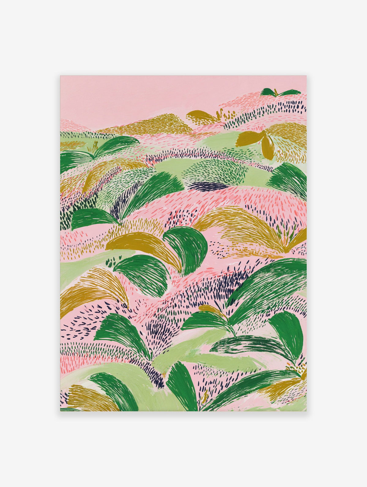 Abstract landscape illustration with textured green and gold foliage on a pink background