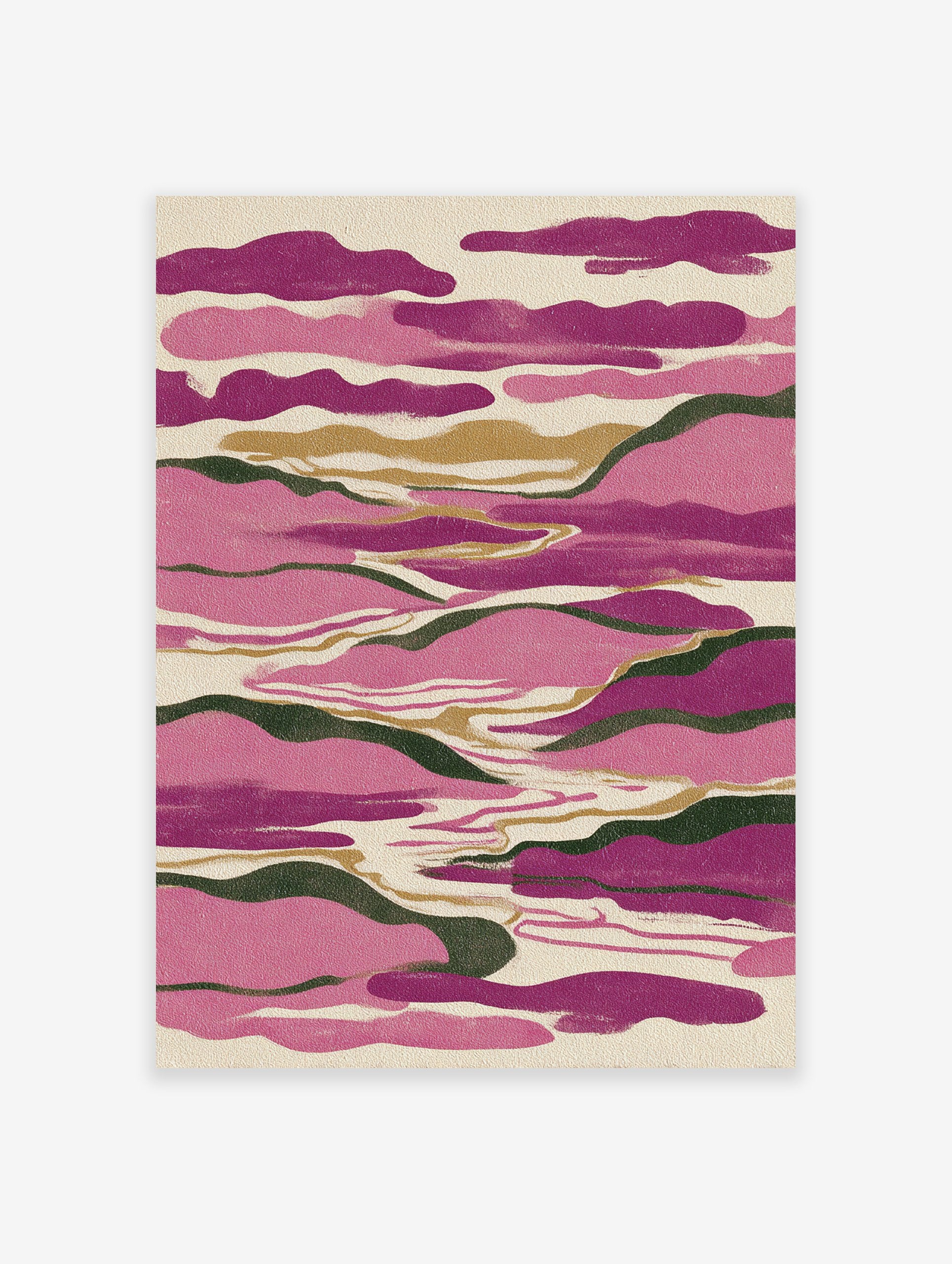 Abstract landscape wall art print with flowing pink, purple, green, and gold shapes on a textured cream background.