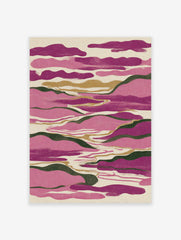 Abstract landscape wall art print with flowing pink, purple, green, and gold shapes on a textured cream background.