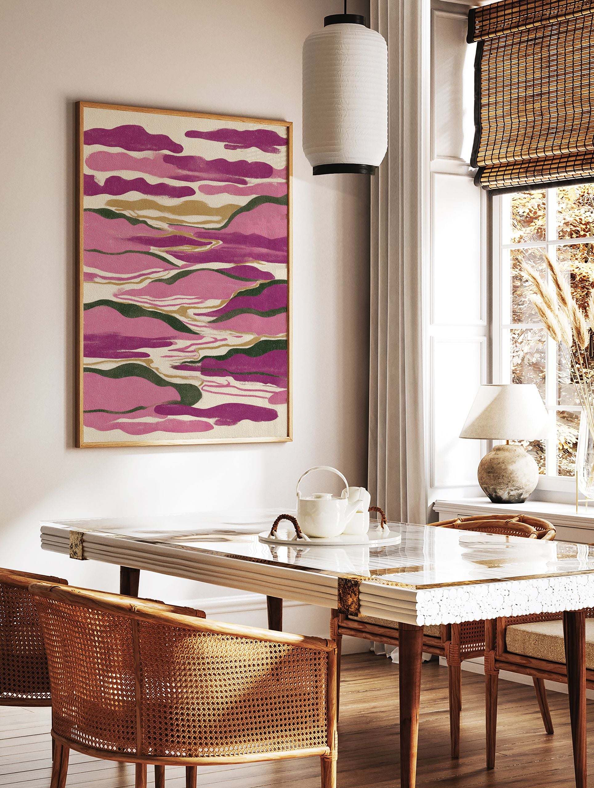 Abstract landscape wall art print with flowing pink, purple, green, and gold shapes on a textured cream background. - Image 2