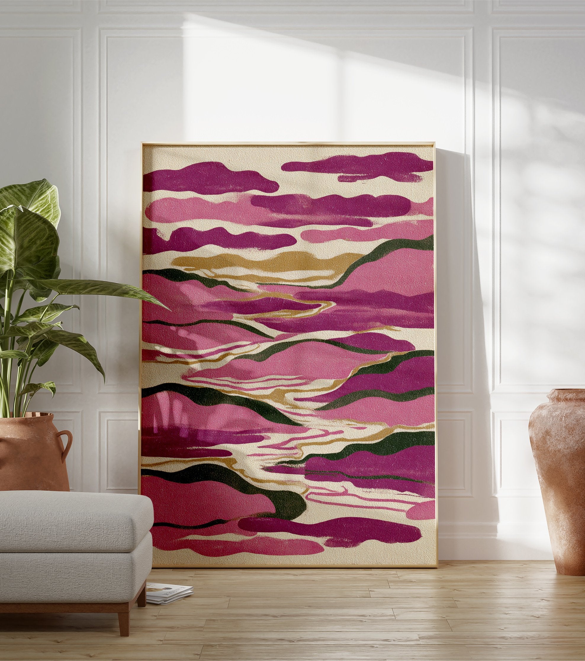 Abstract landscape wall art print with flowing pink, purple, green, and gold shapes on a textured cream background. - Image 3