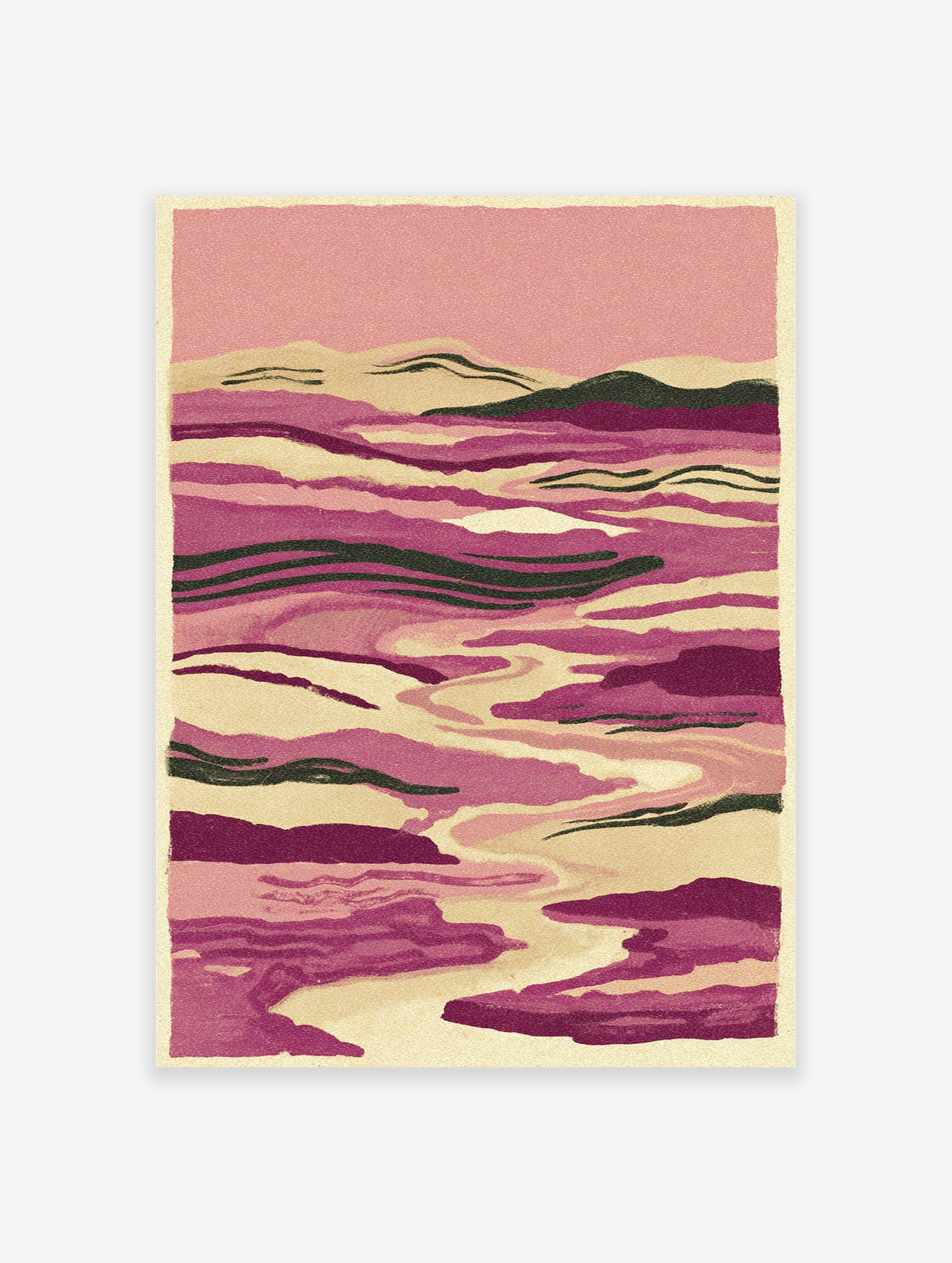Abstract landscape wall art print with flowing pink and purple river-like shapes and subtle green accents, textured.