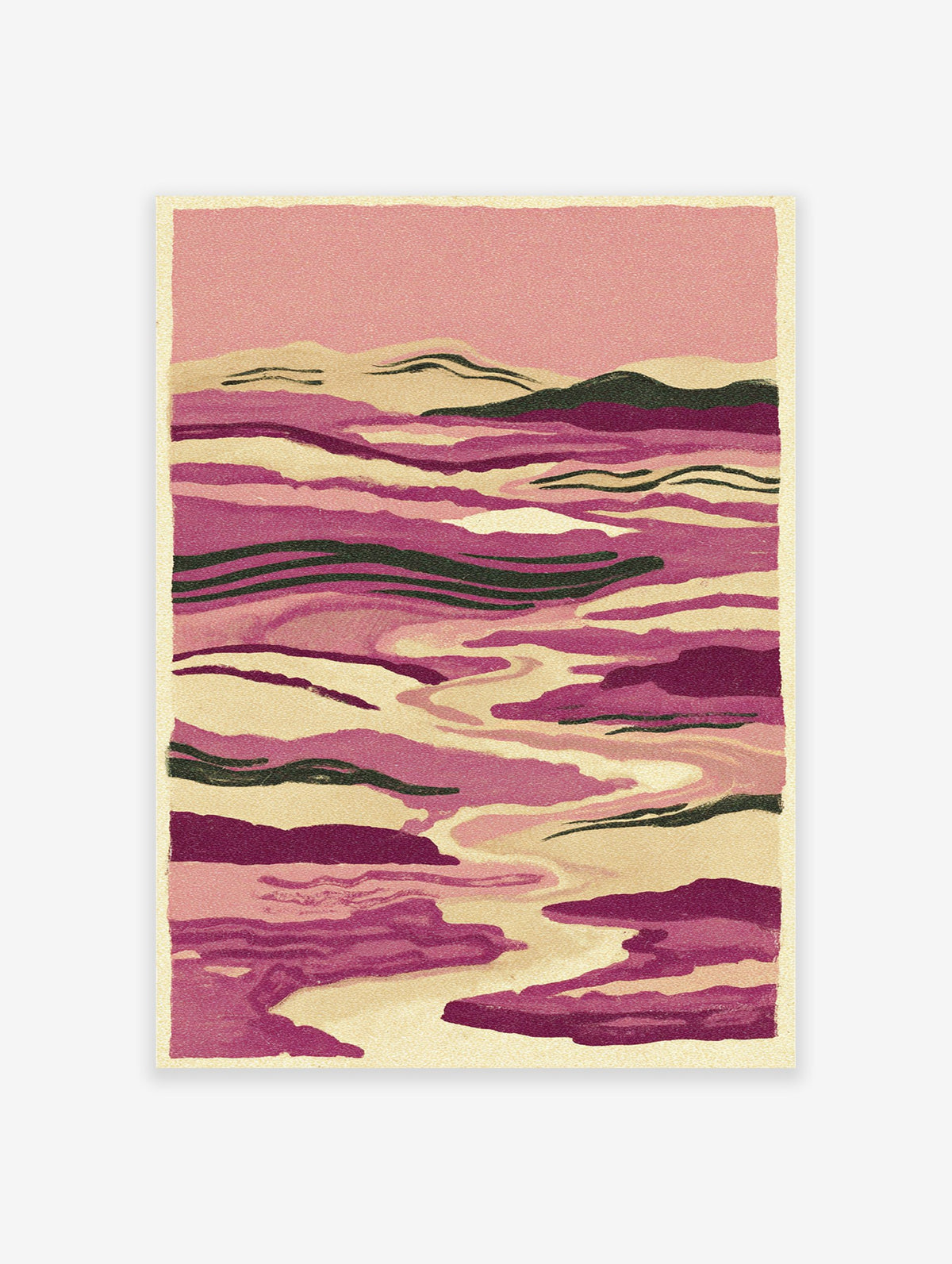Abstract landscape wall art print with flowing pink and purple river-like shapes and subtle green accents, textured.