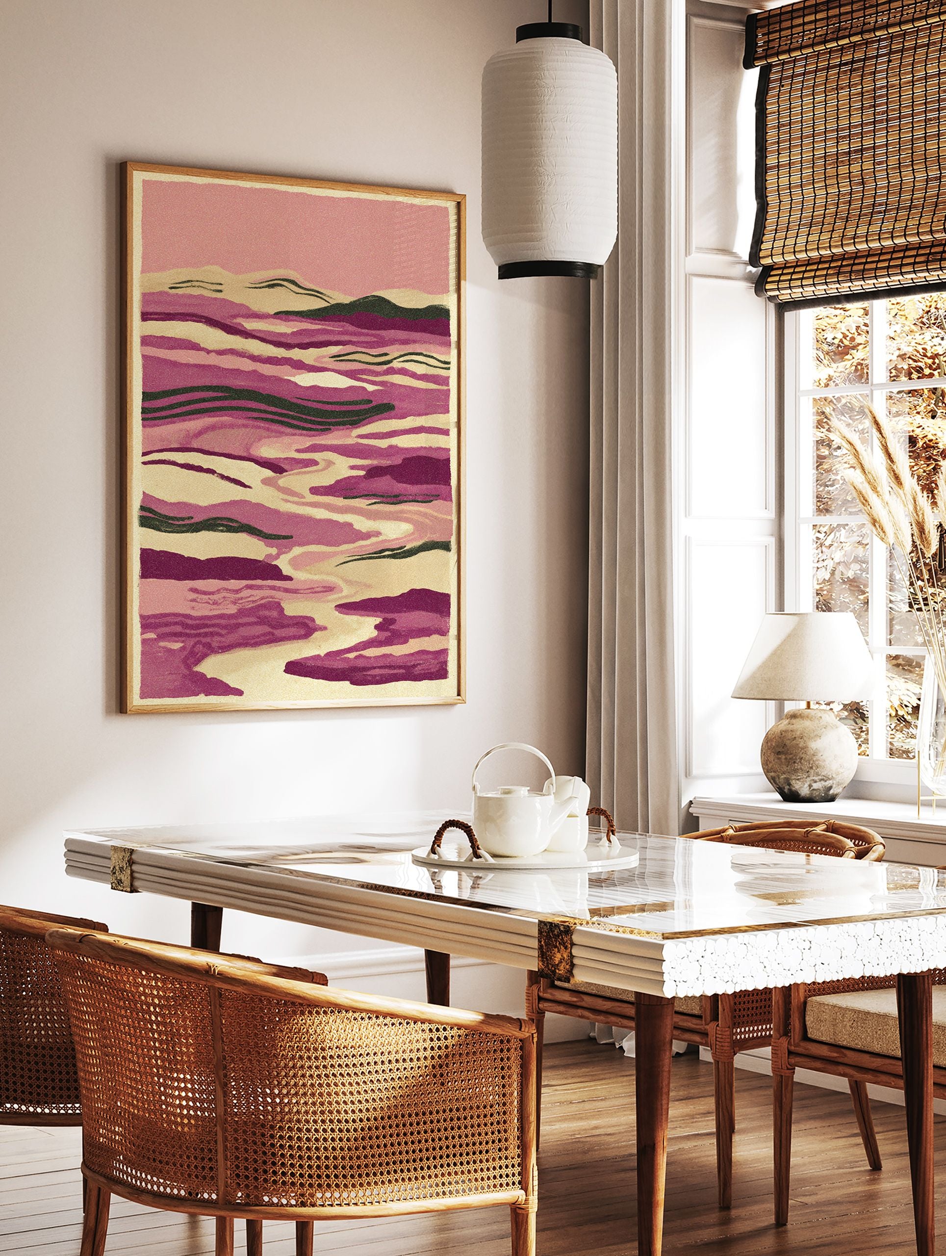 Abstract landscape wall art print with flowing pink and purple river-like shapes and subtle green accents, textured. - Image 2