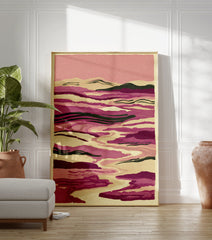Abstract landscape wall art print with flowing pink and purple river-like shapes and subtle green accents, textured. - Image 3