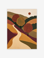 Abstract landscape wall art featuring a winding path through rolling hills, red and yellow trees, and a dark red sun