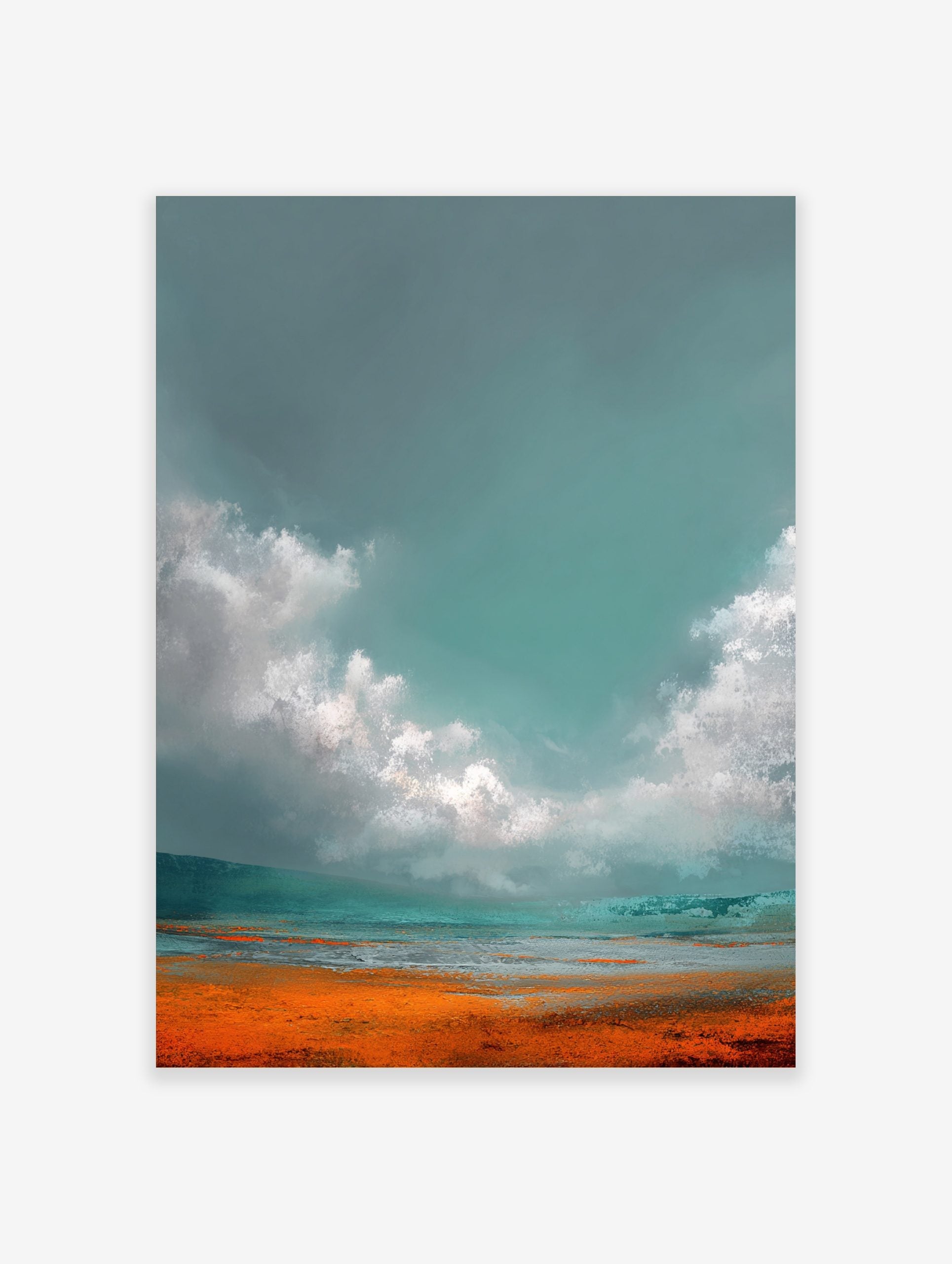 Abstract landscape art print with teal-grey sky, white clouds, and vibrant orange-blue ground