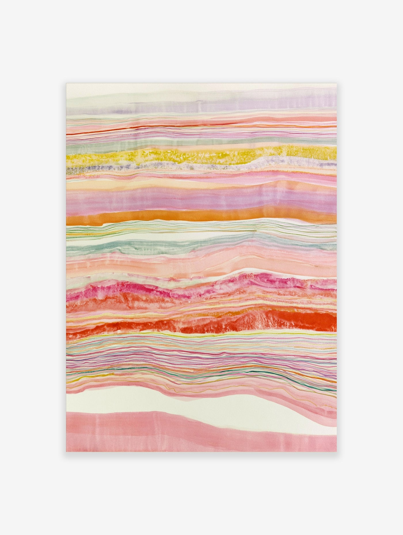 Abstract wall art print with fluid, horizontal layers in pink, orange, yellow, and teal on a white background