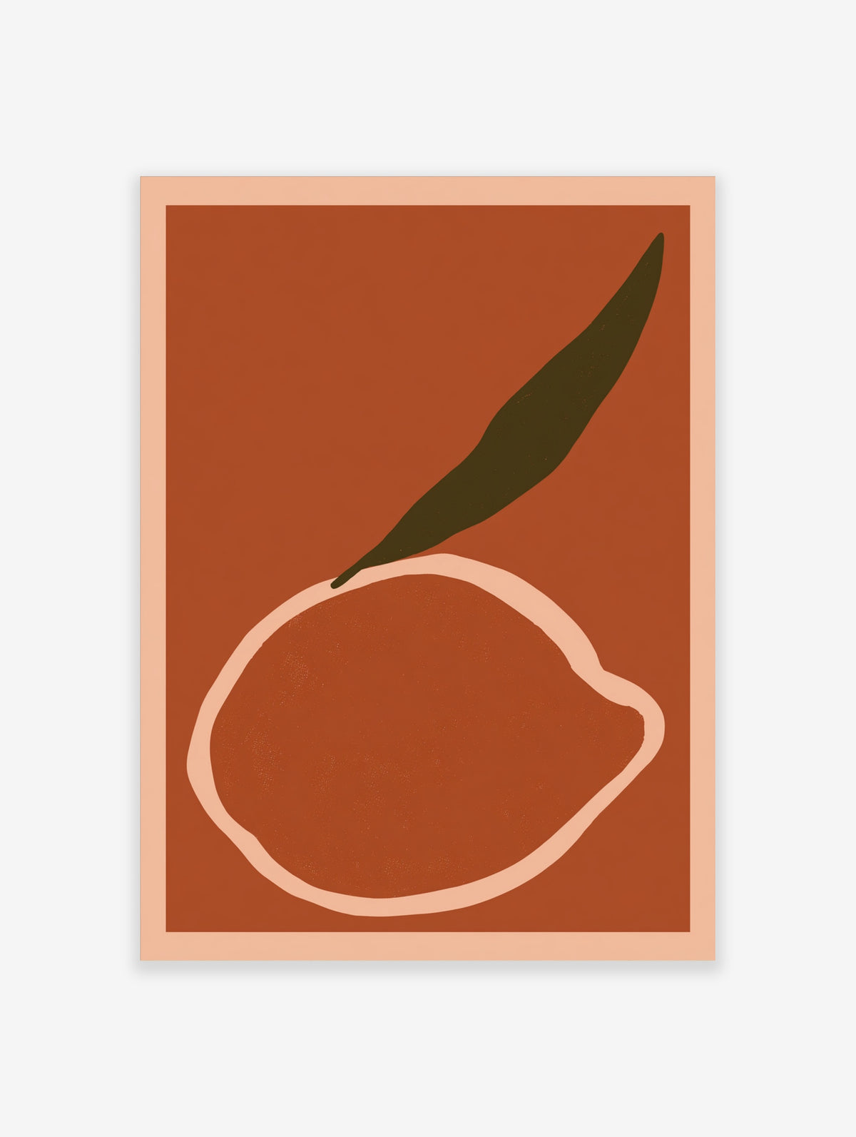 Abstract leaf and stone art print with dark green leaf on rust background