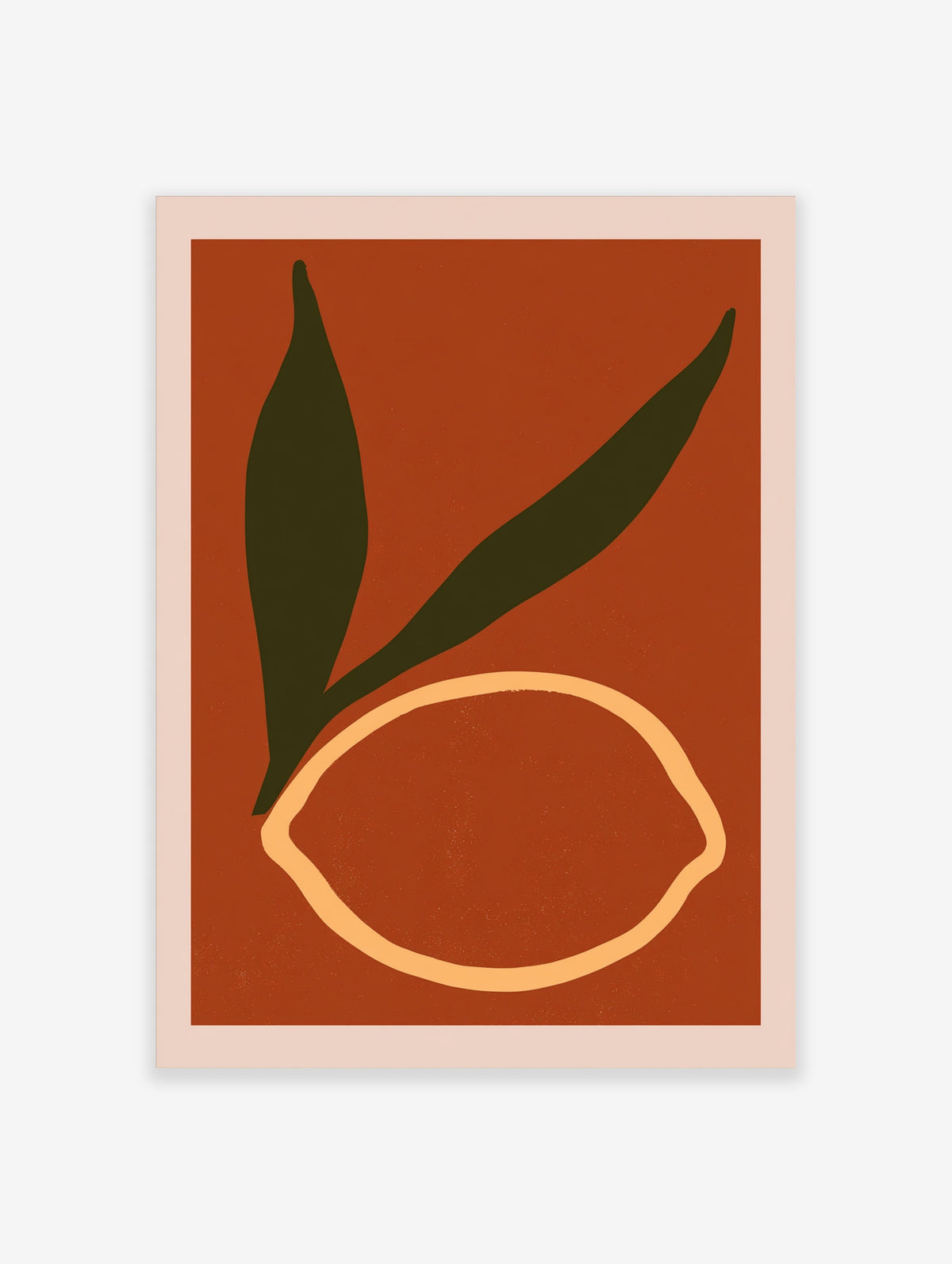 Abstract lemon art print with dark green leaf and pale outline on rust red background