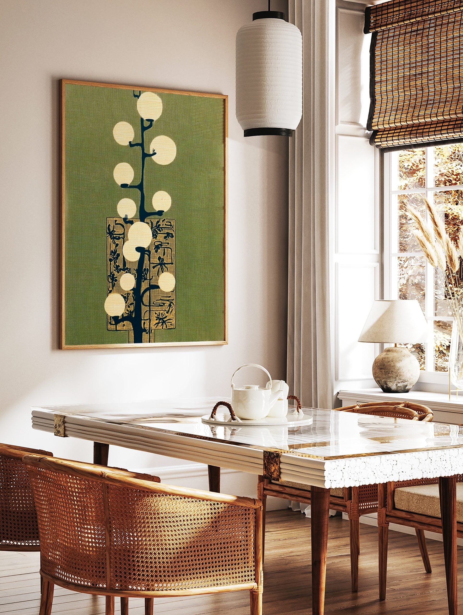 Abstract light tree illustration with glowing circles, dark branches, and ornate gold panel on, in a styled room mockup