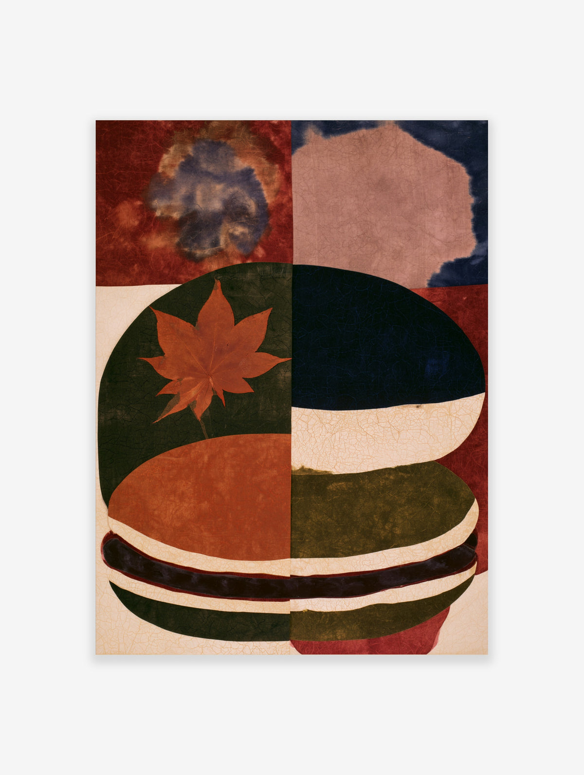 Abstract botanical wall art featuring a red maple leaf on a green and blue textured background