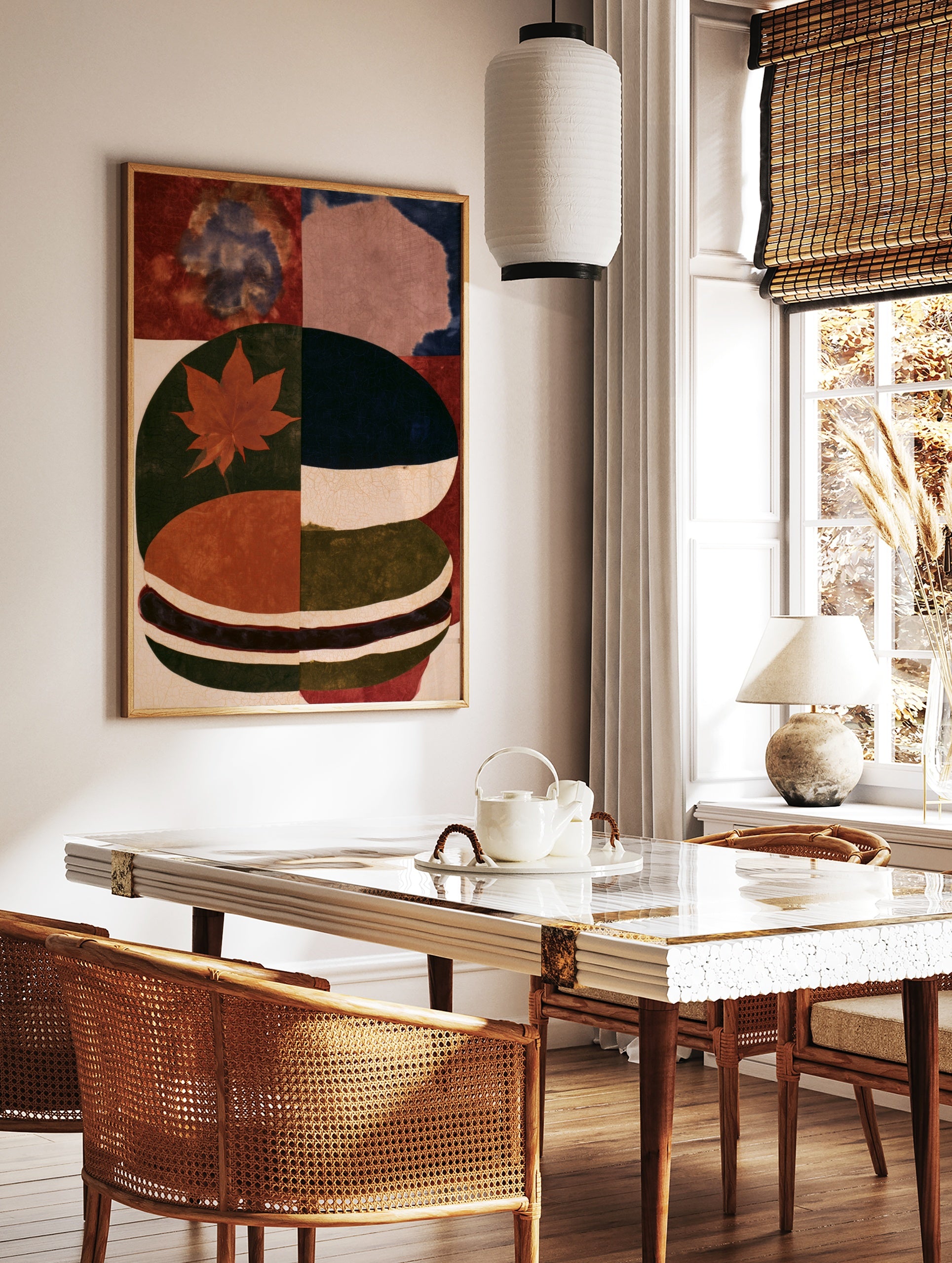 Abstract botanical wall art featuring a red maple leaf on a green and blue textured background, in a styled room mockup