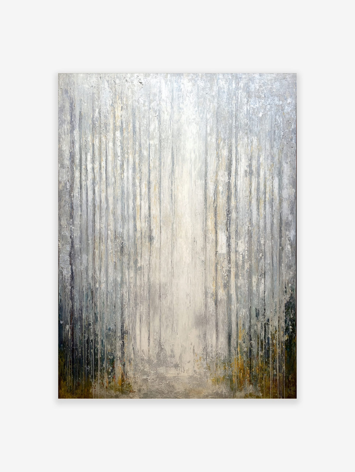 Abstract misty forest art print with vertical grey, silver, and white lines and subtle green and gold hues