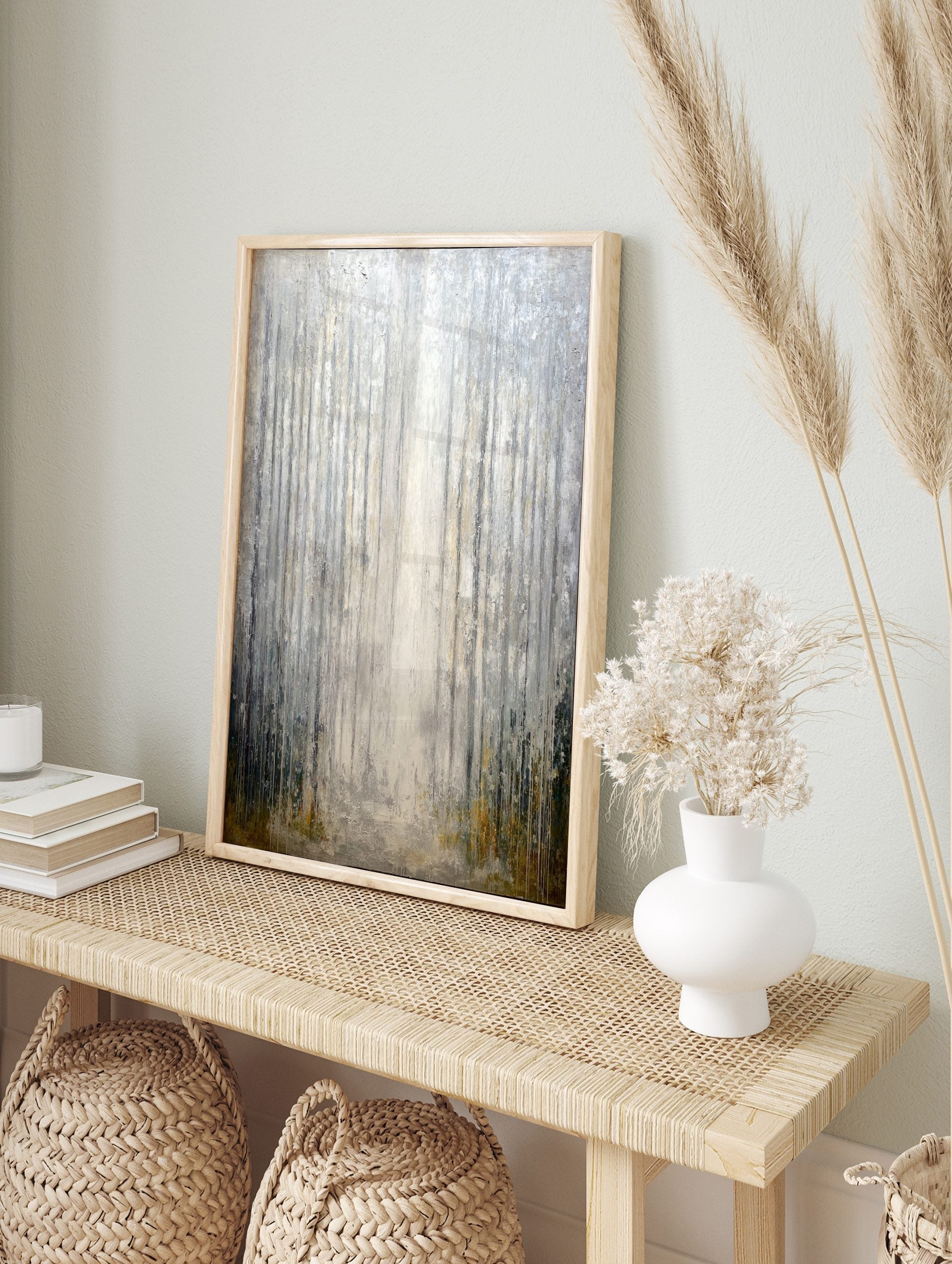 Abstract misty forest art print with vertical grey, silver, and white lines and subtle green, in an alternate framed mockup
