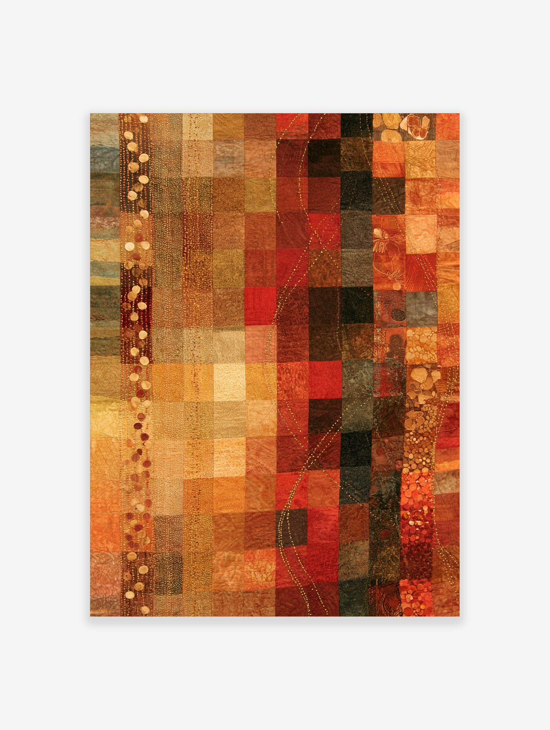 Abstract mosaic wall art with a grid of textured red, orange, and brown squares and vertical decorative bands