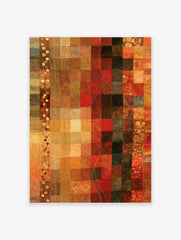 Abstract mosaic wall art with a grid of textured red, orange, and brown squares and vertical decorative bands