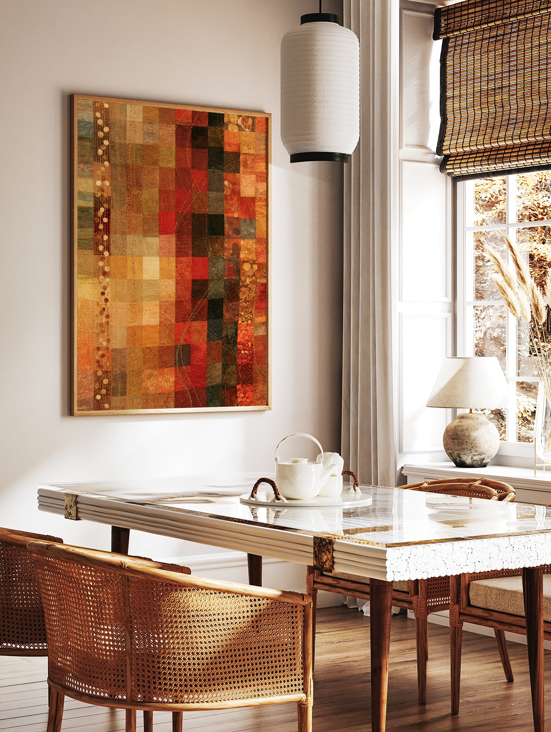 Abstract mosaic wall art with a grid of textured red, orange, and brown squares and vertical, in a styled room mockup