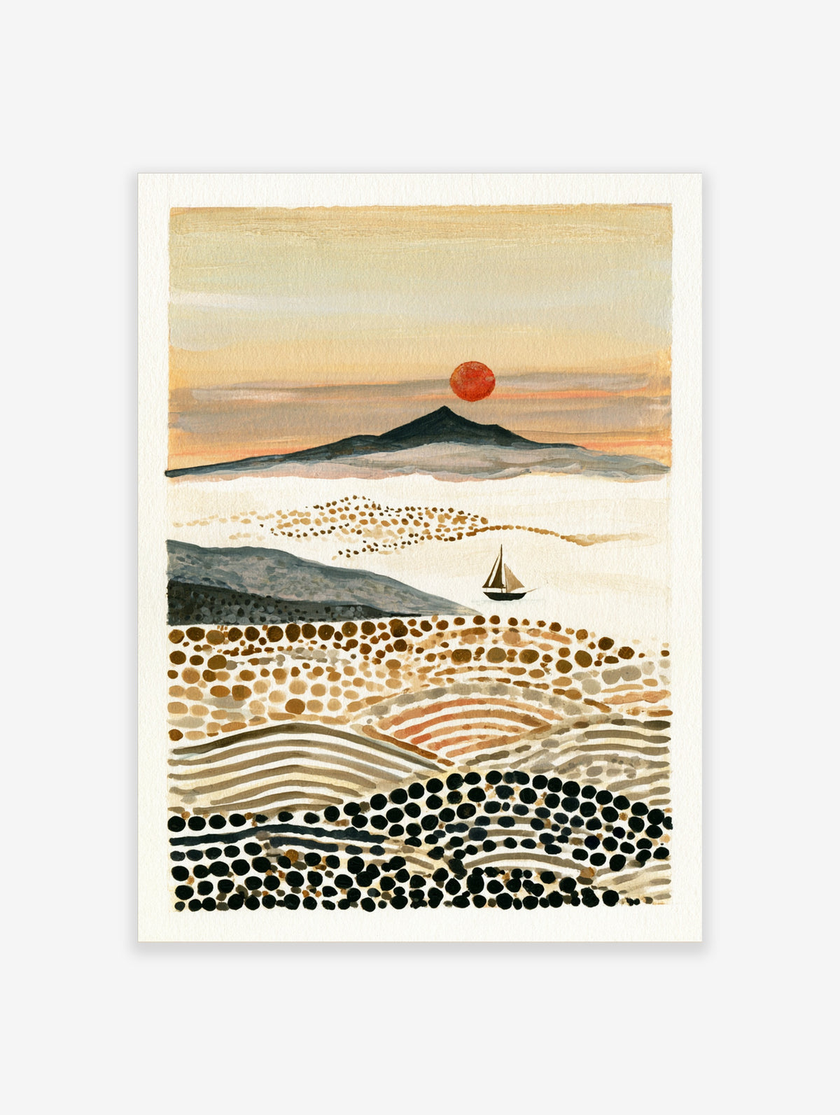 Abstract landscape print with dark mountain, red sun, sailboat, and textured hills in brown and black