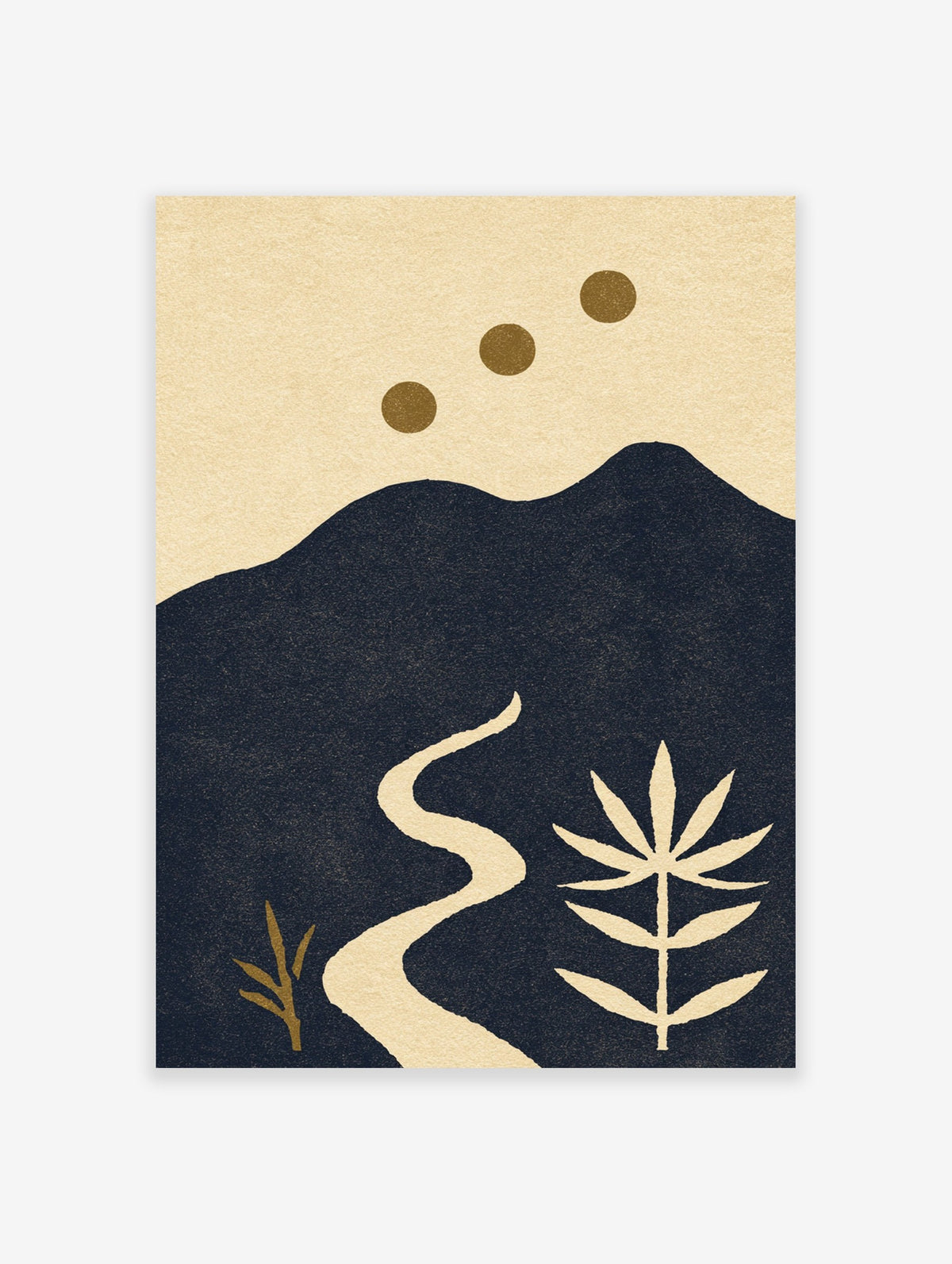 Minimalist mountain path wall art with botanical leaf and sun symbols in navy and tan on a textured paper background
