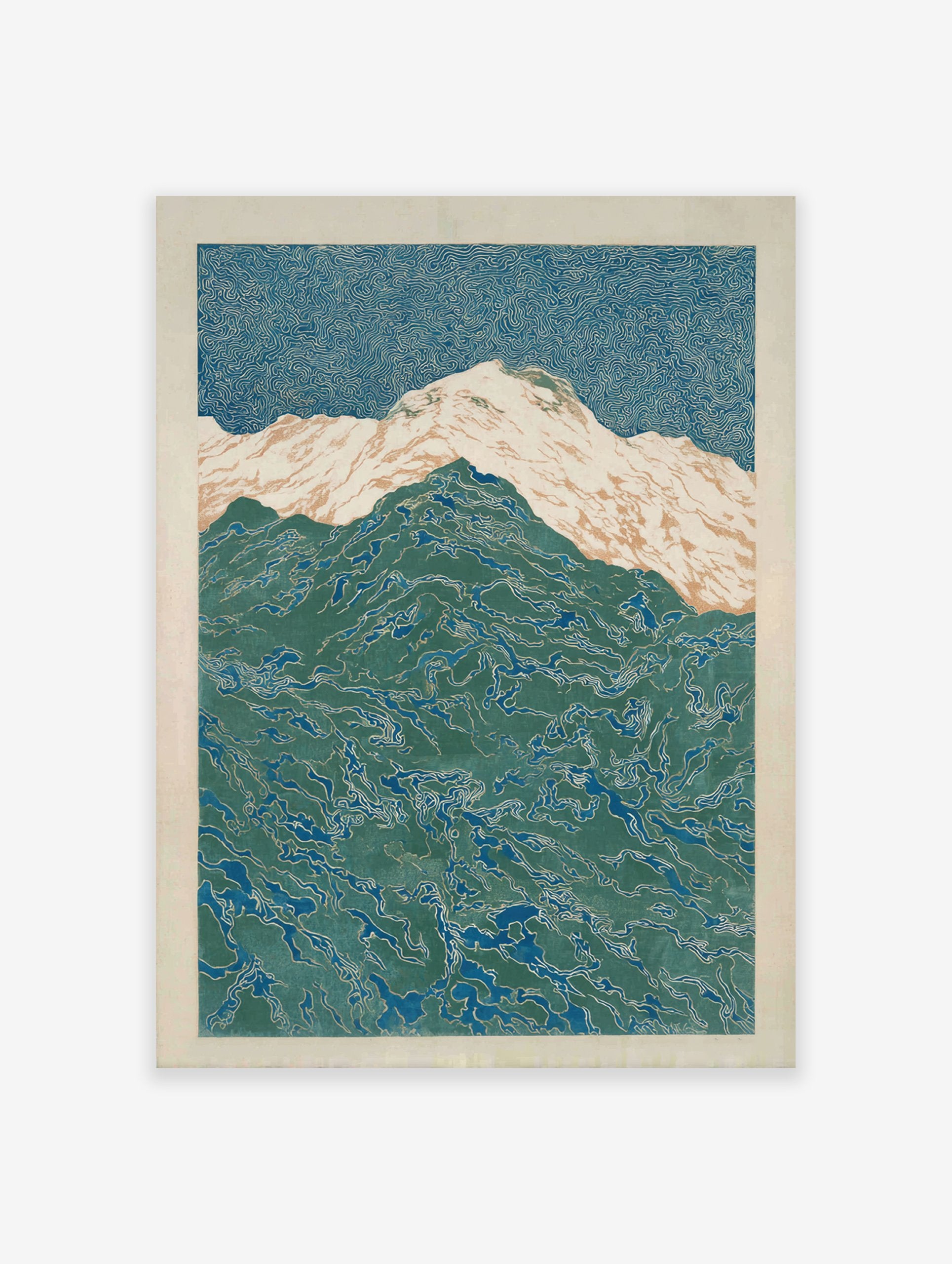 Abstract Mountain Poster with stylized blue sky and patterned green mountains, featuring white and tan snowy peaks.