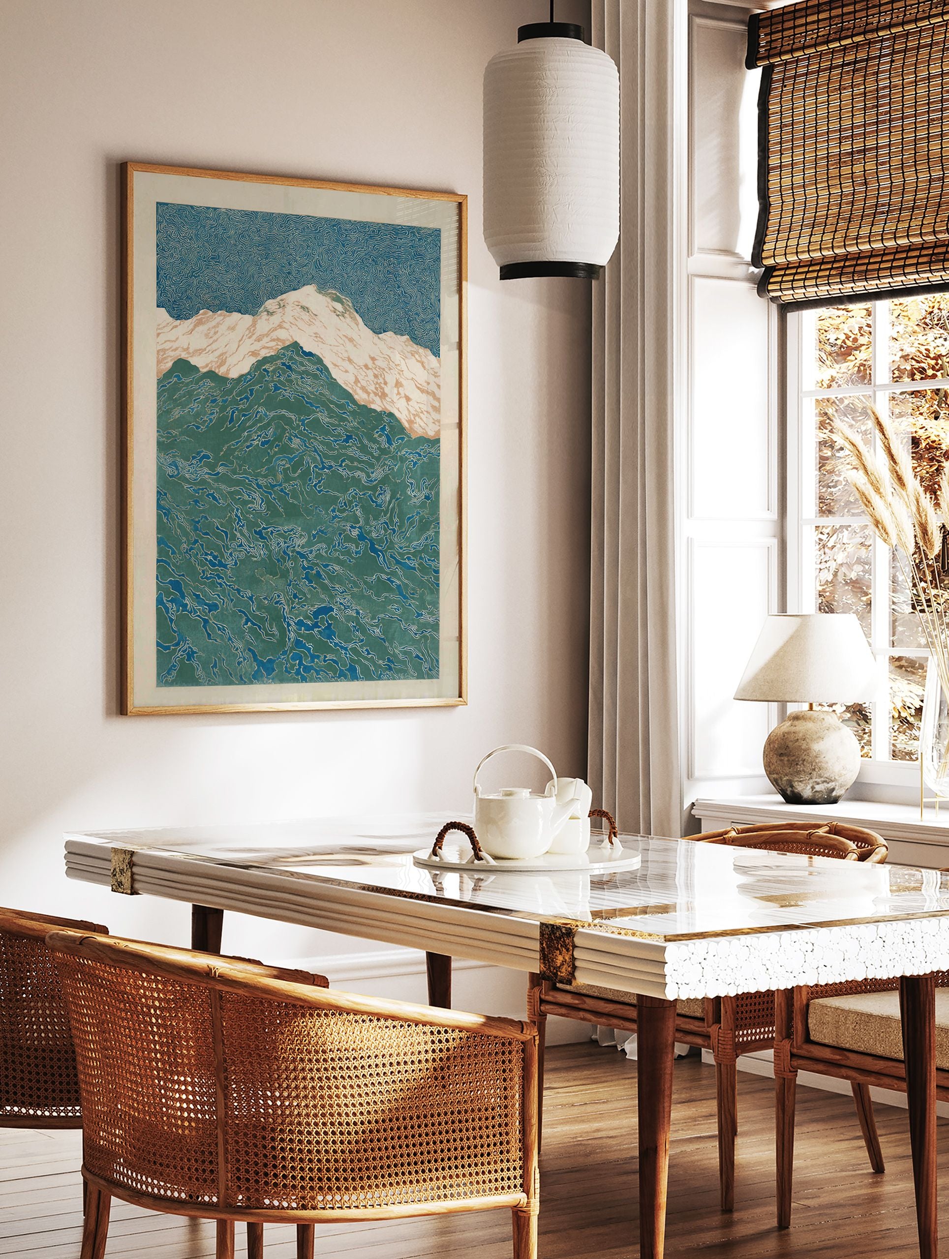 Abstract Mountain Poster with stylized blue sky and patterned green mountains, featuring white and tan snowy peaks. - Image 2