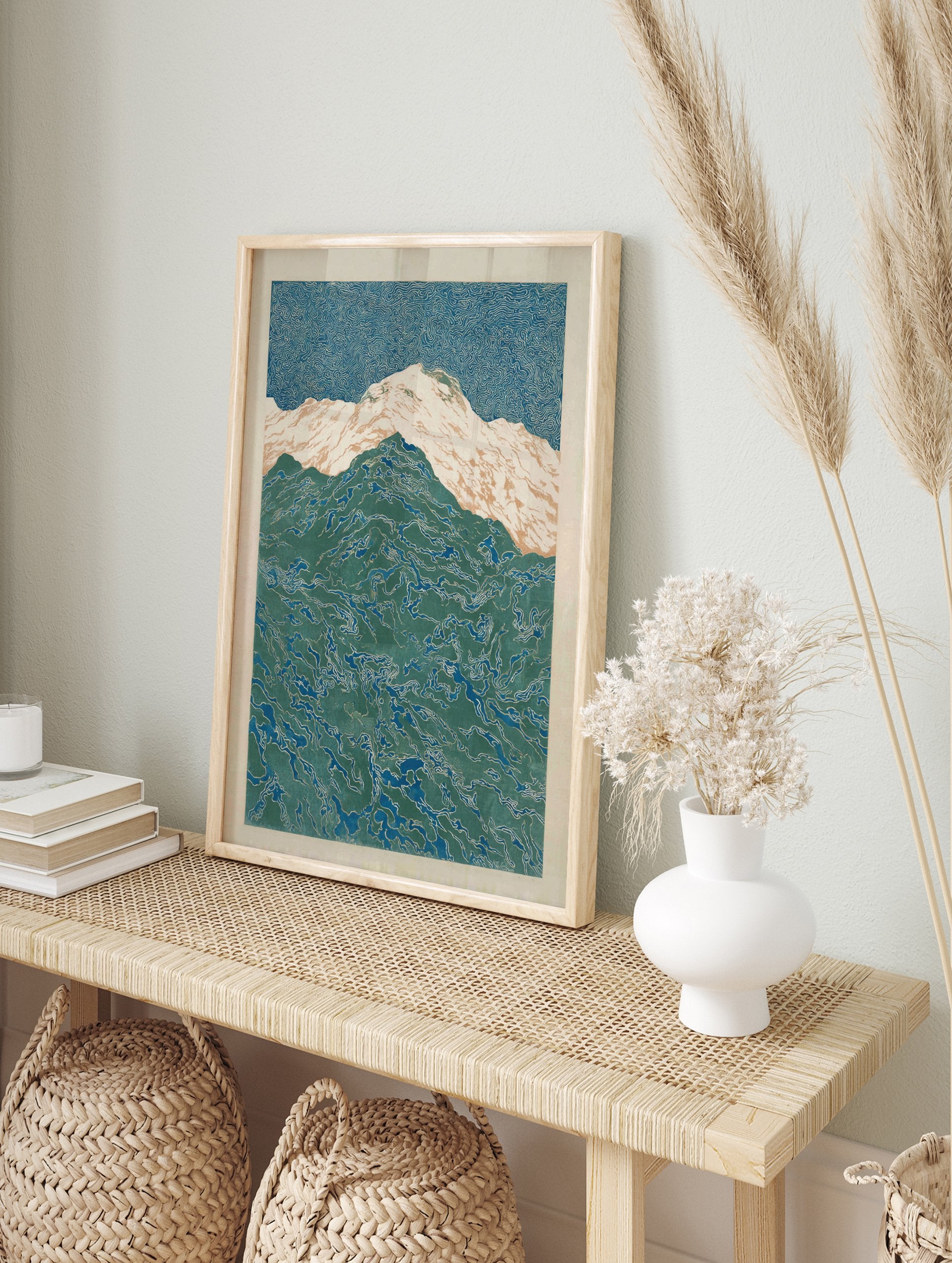 Abstract Mountain Poster with stylized blue sky and patterned green mountains, featuring white and tan snowy peaks. - Image 4