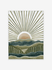 Abstract mountain landscape art print with layered green and blue peaks and a peach sun with white rays