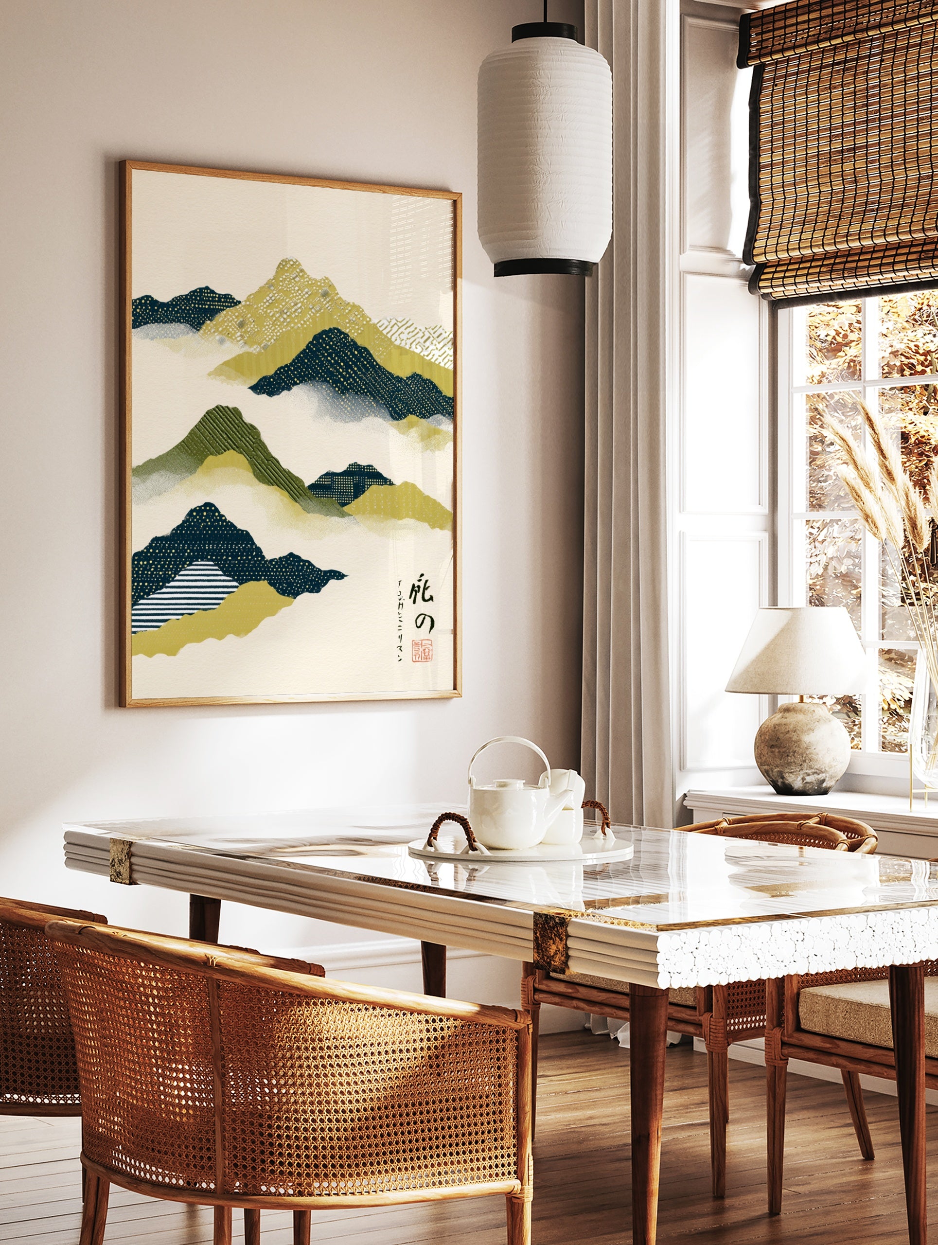 Abstract Japanese mountain landscape wall art with textured patterns in navy, green, and gold on, in a styled room mockup