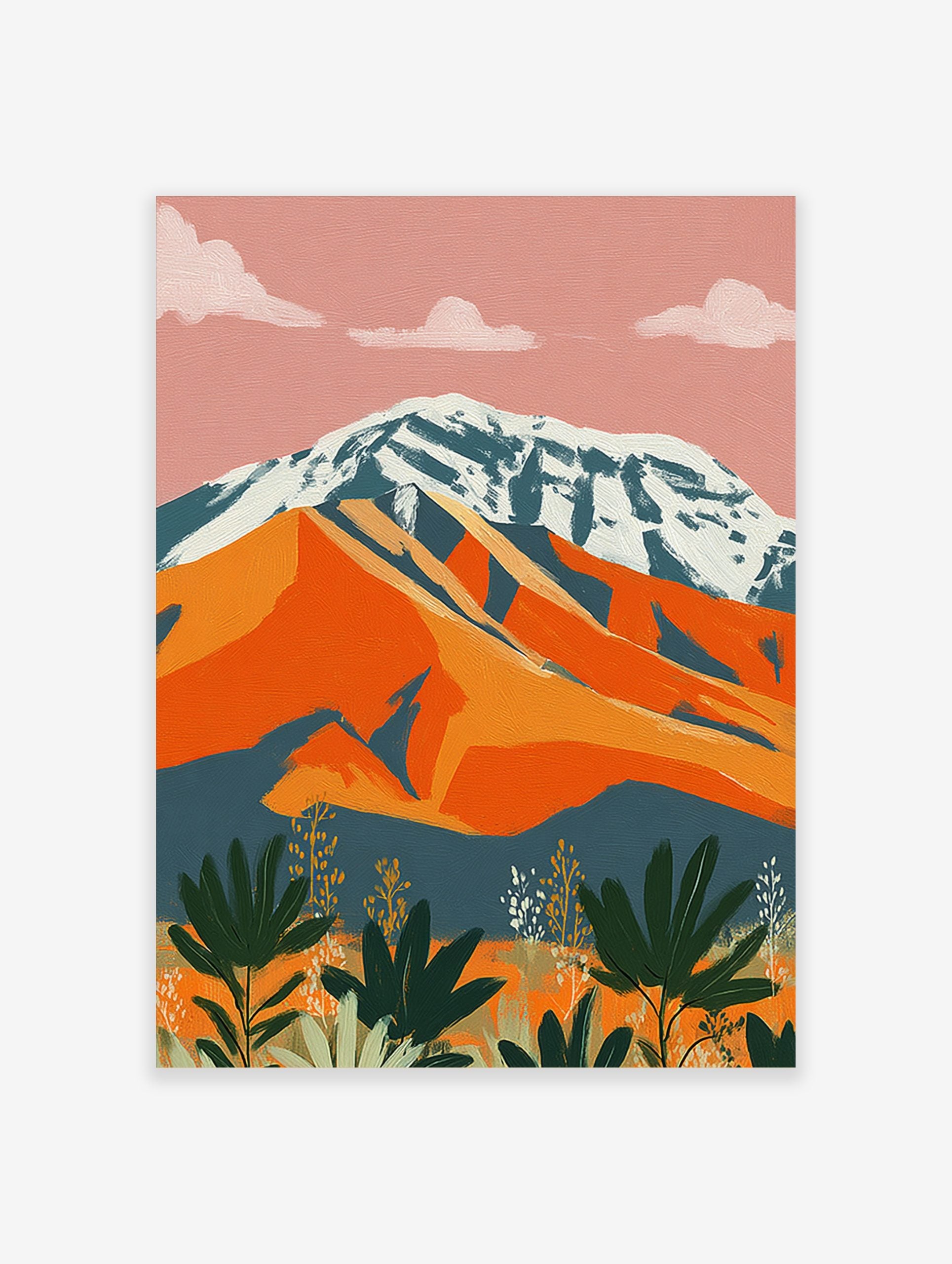 Abstract mountain landscape print with snow-capped peak, orange hills, and green foliage under a pink sky