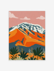 Abstract mountain landscape print with snow-capped peak, orange hills, and green foliage under a pink sky