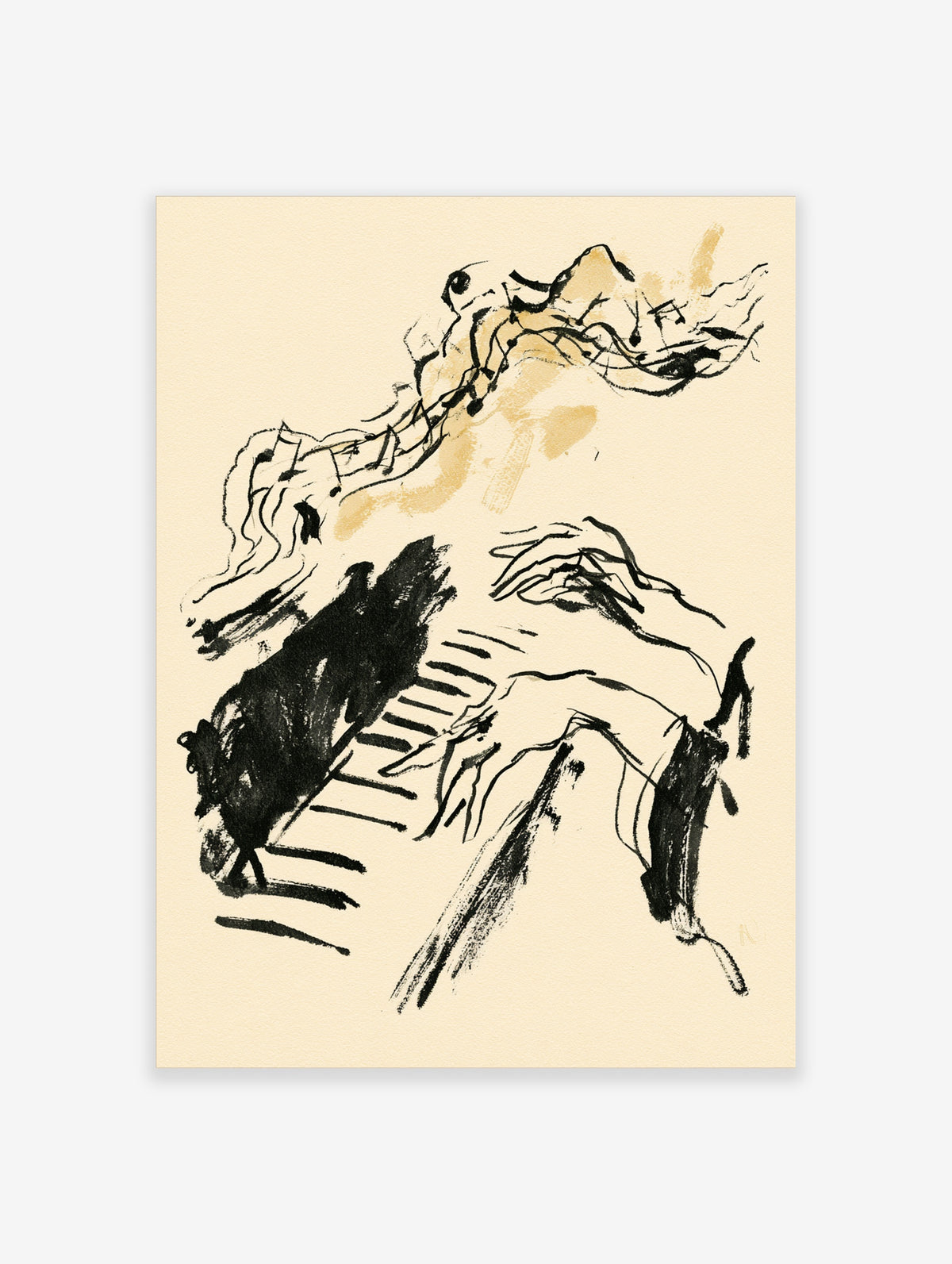 Abstract black ink musician and piano keys art print on cream background