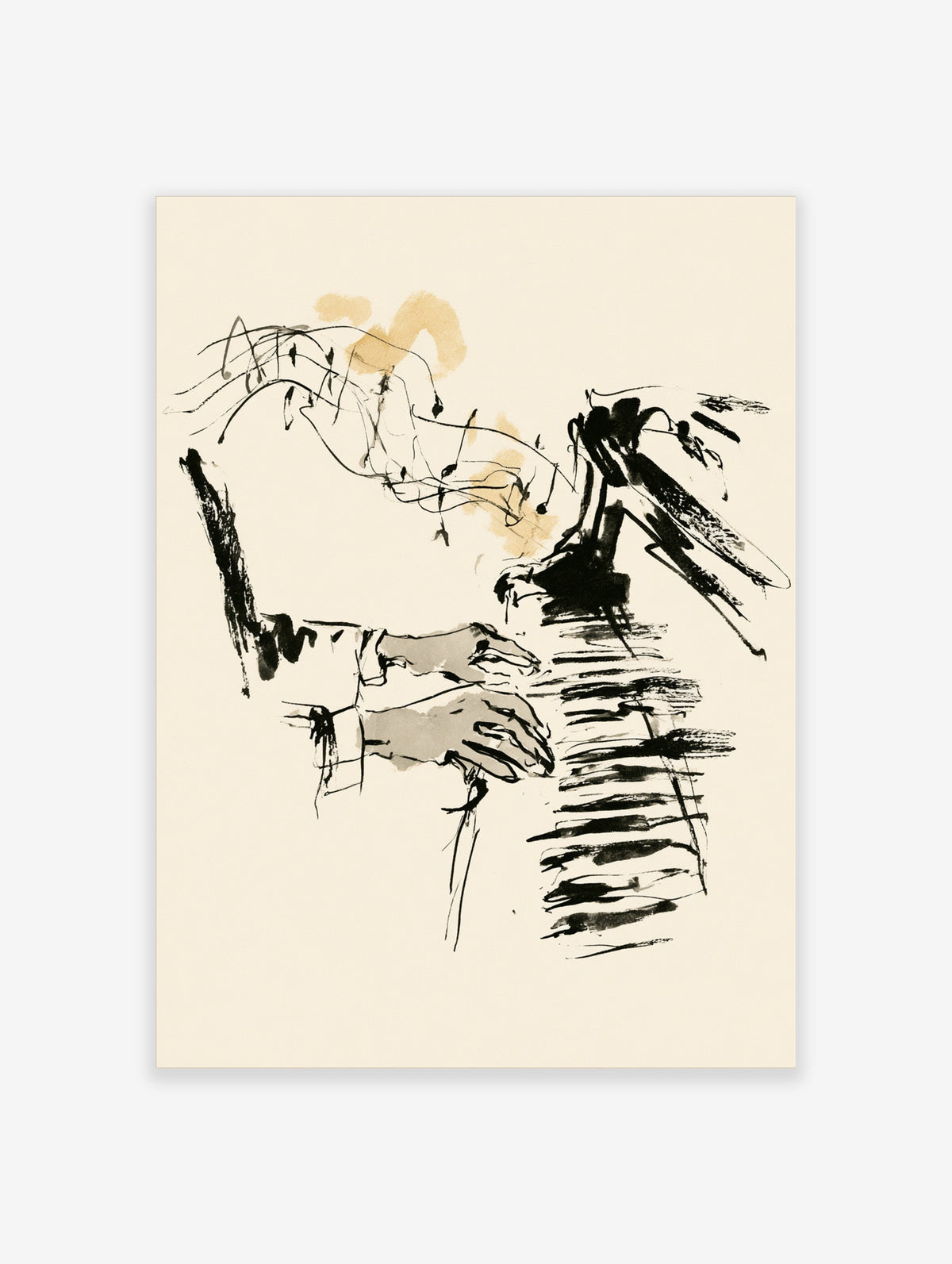 Abstract music poster with sketched hands over piano keys in black ink and ochre wash