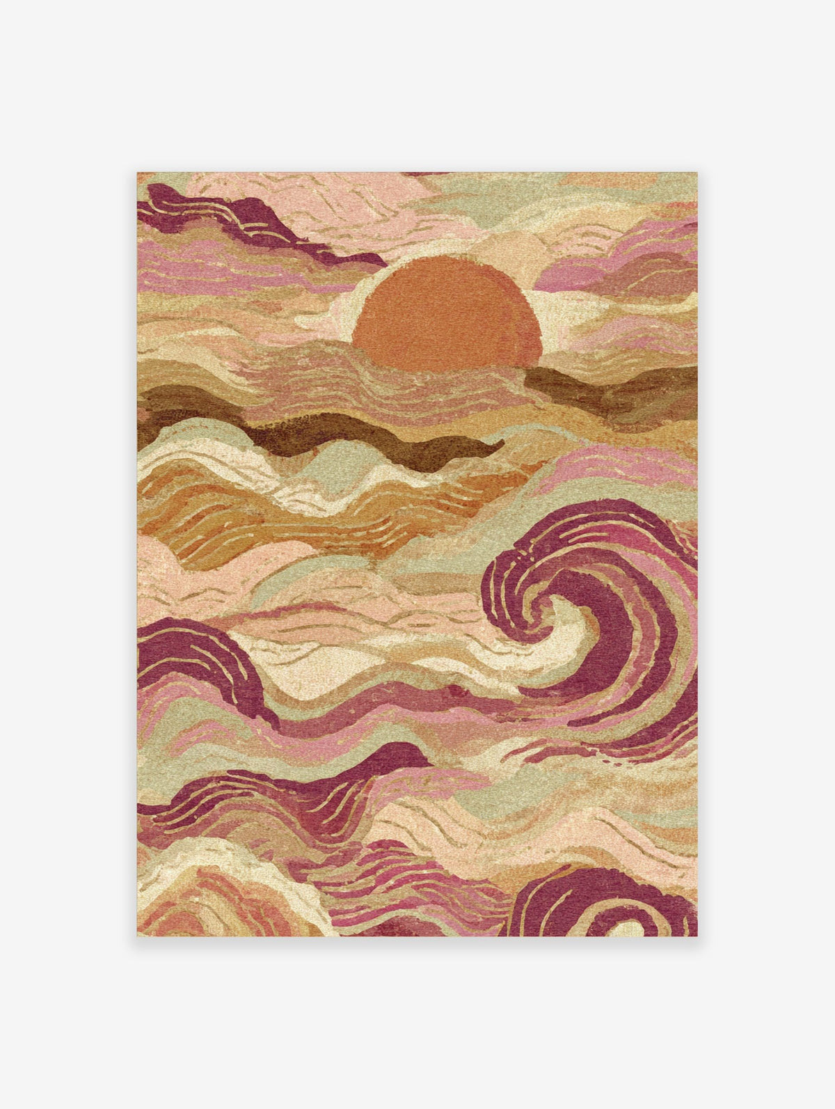Abstract ocean sunset wall art with stylised pink, brown, and sage green waves and a large textured sun