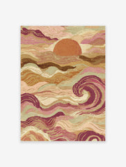 Abstract ocean sunset wall art with stylised pink, brown, and sage green waves and a large textured sun