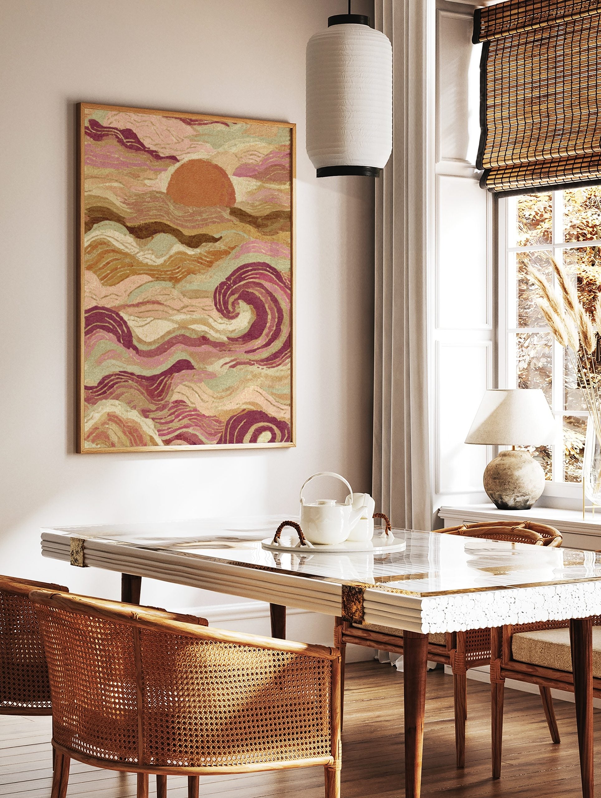 Abstract ocean sunset wall art with stylised pink, brown, and sage green waves and a large textured, in a styled room mockup