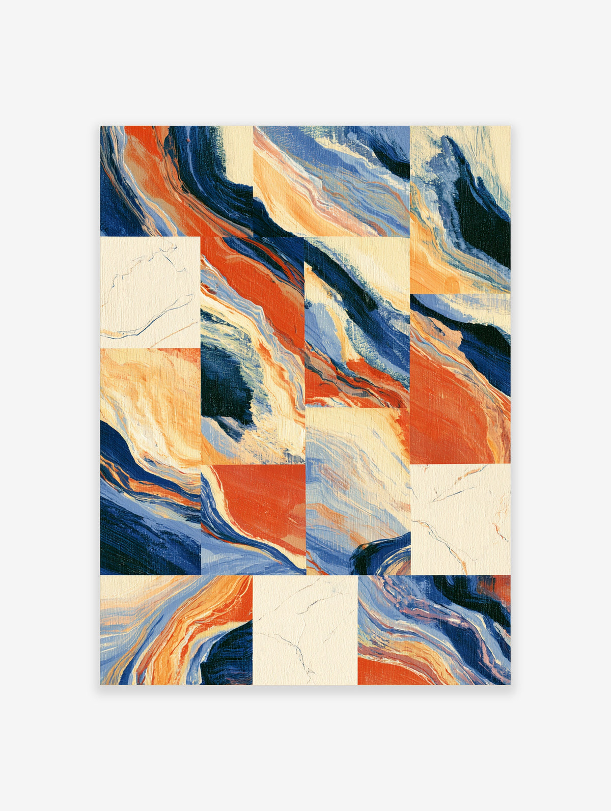 Abstract ocean wave poster with blue, orange and cream swirls in a patchwork grid layout