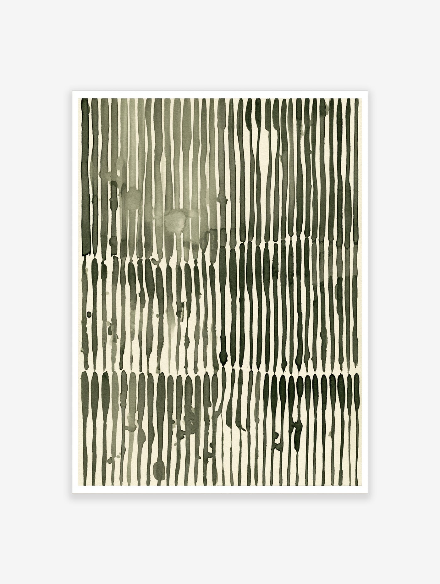 Abstract olive green ink-wash vertical stripes on cream background minimalist art print