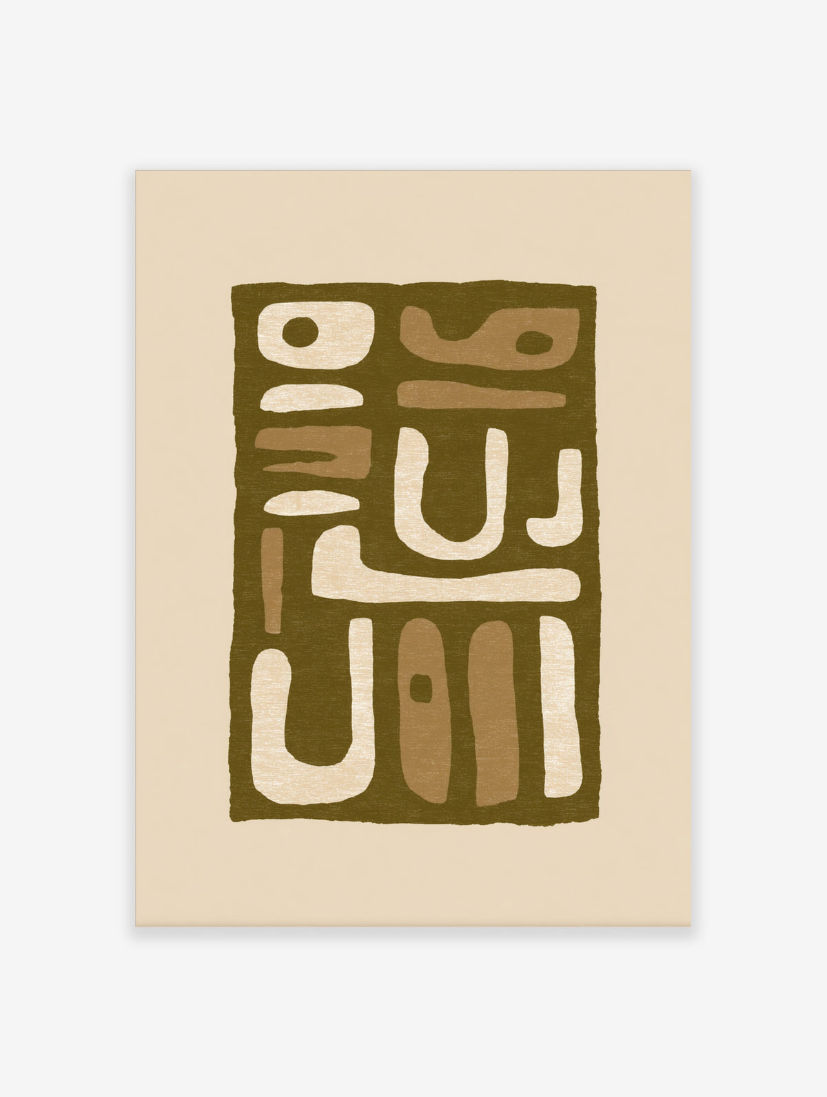 Abstract olive green wall art print with cream and tan organic shapes on a dark background