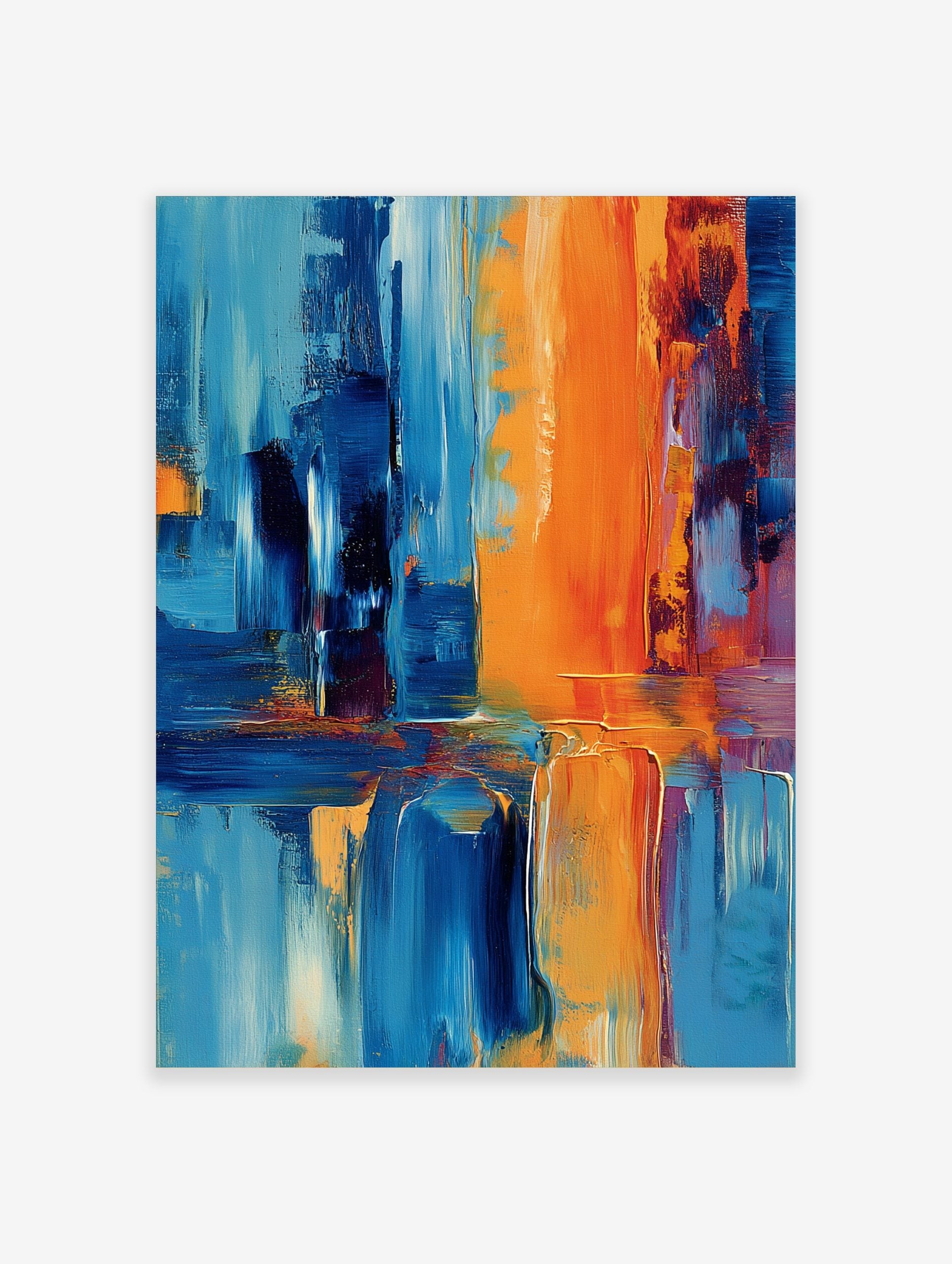Abstract art print with bold vertical and horizontal strokes in orange and shades of blue, showing texture