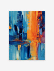 Abstract art print with bold vertical and horizontal strokes in orange and shades of blue, showing texture