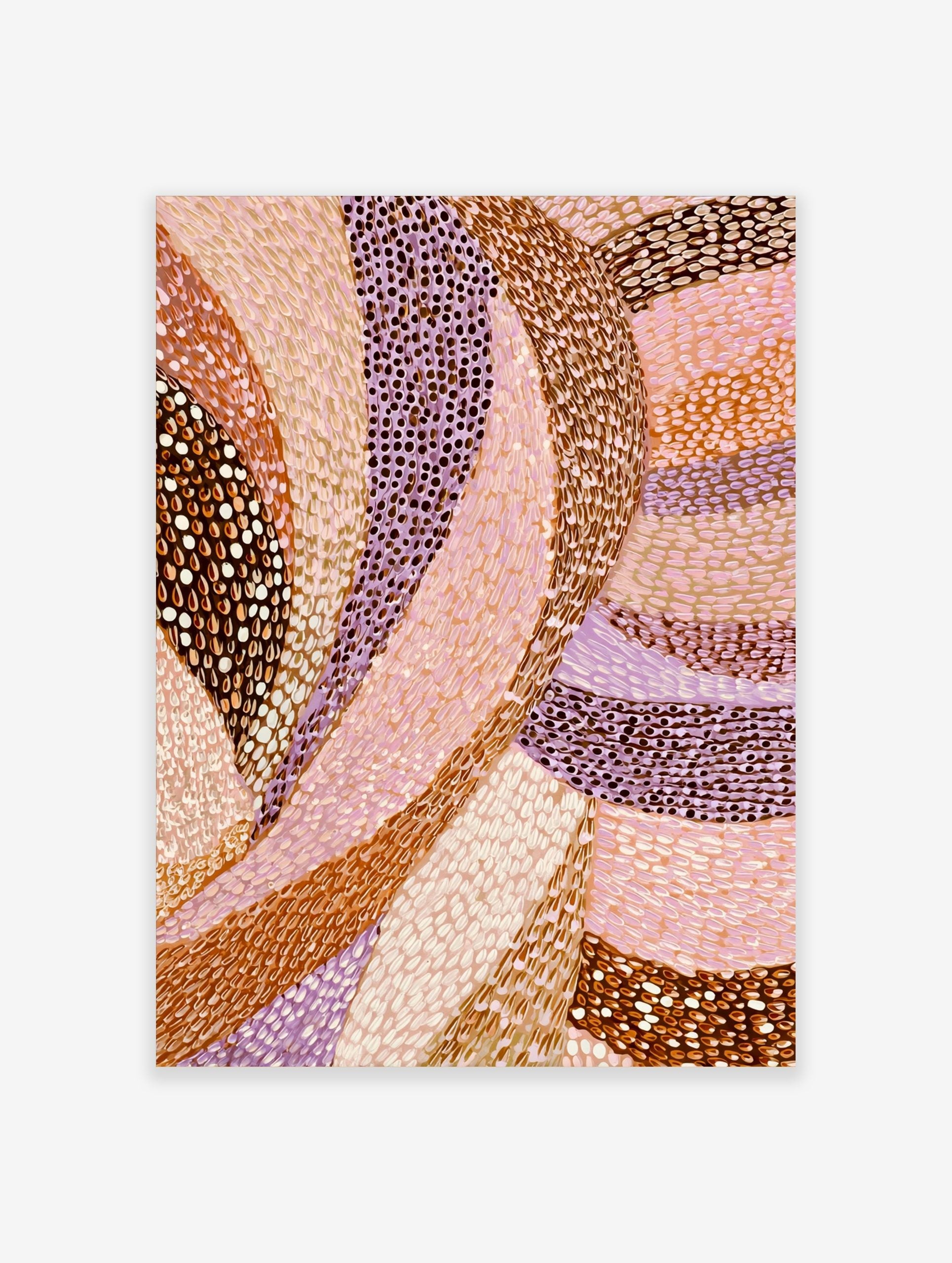 Abstract art print with flowing, curved bands of brown, pink, and lavender, featuring dotted and stroked textures