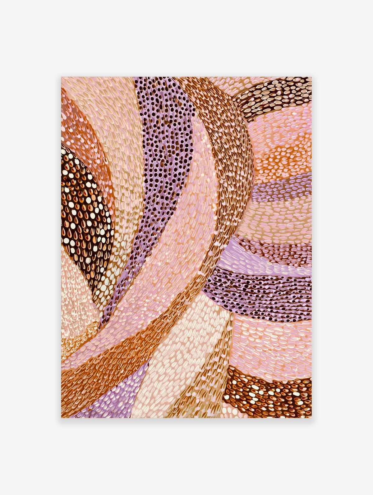 Abstract art print with flowing, curved bands of brown, pink, and lavender, featuring dotted and stroked textures